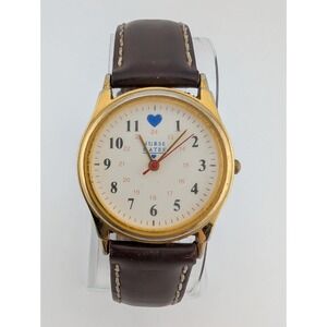 Nurse Mates Watch Women 32mm Gold Case Brown Leather Band- New Battery